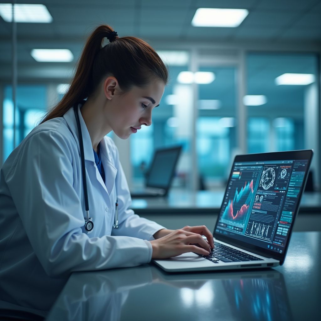Doctor in a lab coat with a stethoscope, typing on a laptop displaying medical data graphs.