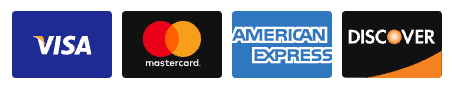 Logos for Visa, Mastercard, American Express, and Discover credit cards.