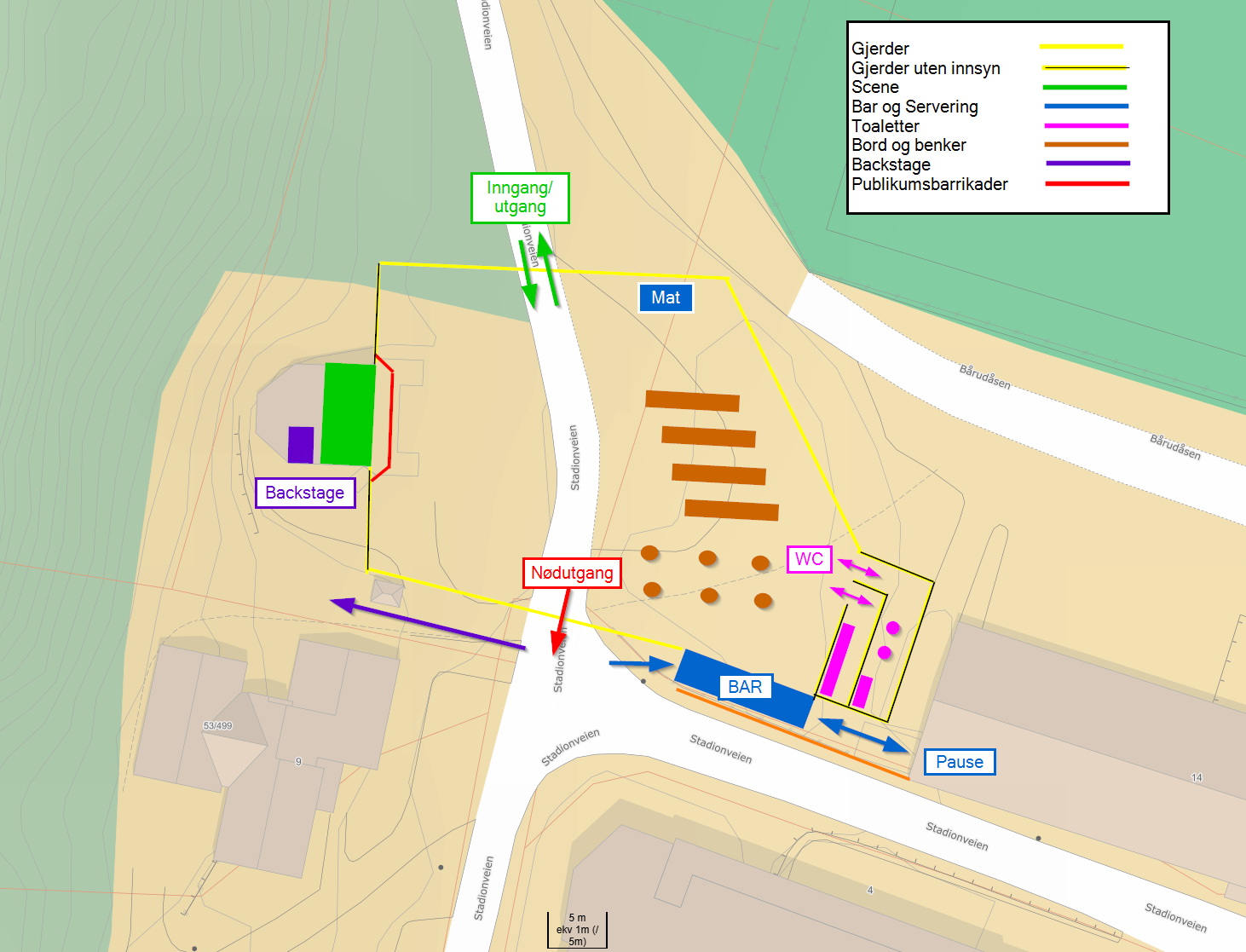 Map with colored lines indicating routes to various locations:  E1-E4,  theater, and more.