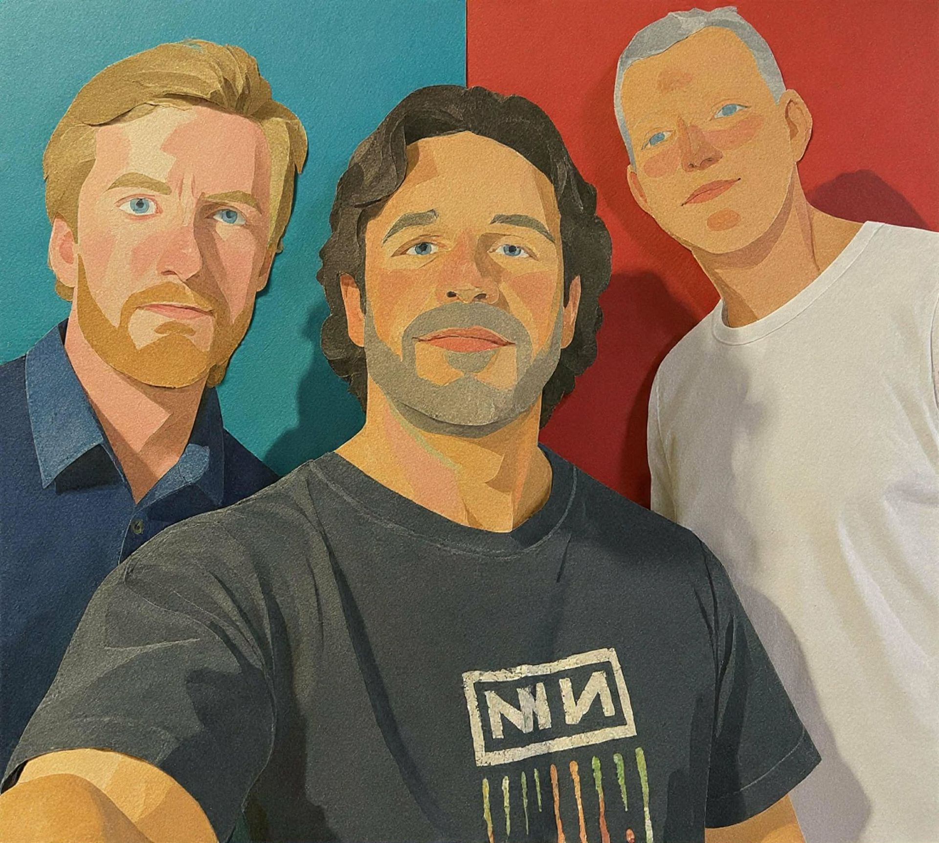 Person in black pants and red shoes, bends forward, arms crossed, mouth open, red background.