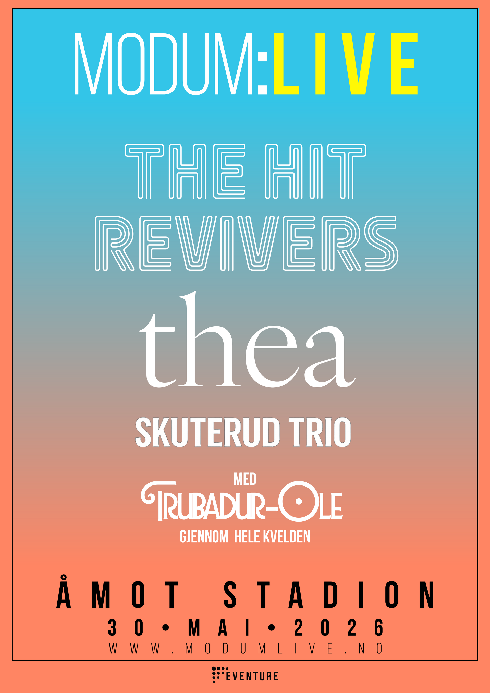 Poster for Modum Festivalen featuring The Hit Rewivers, Telahiv, and Skuterud Trio at Åmot Stadion, May 30 - June 1, 2026.