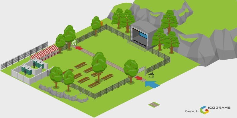 Isometric illustration of a park with a stage, seating, trees, and restrooms.