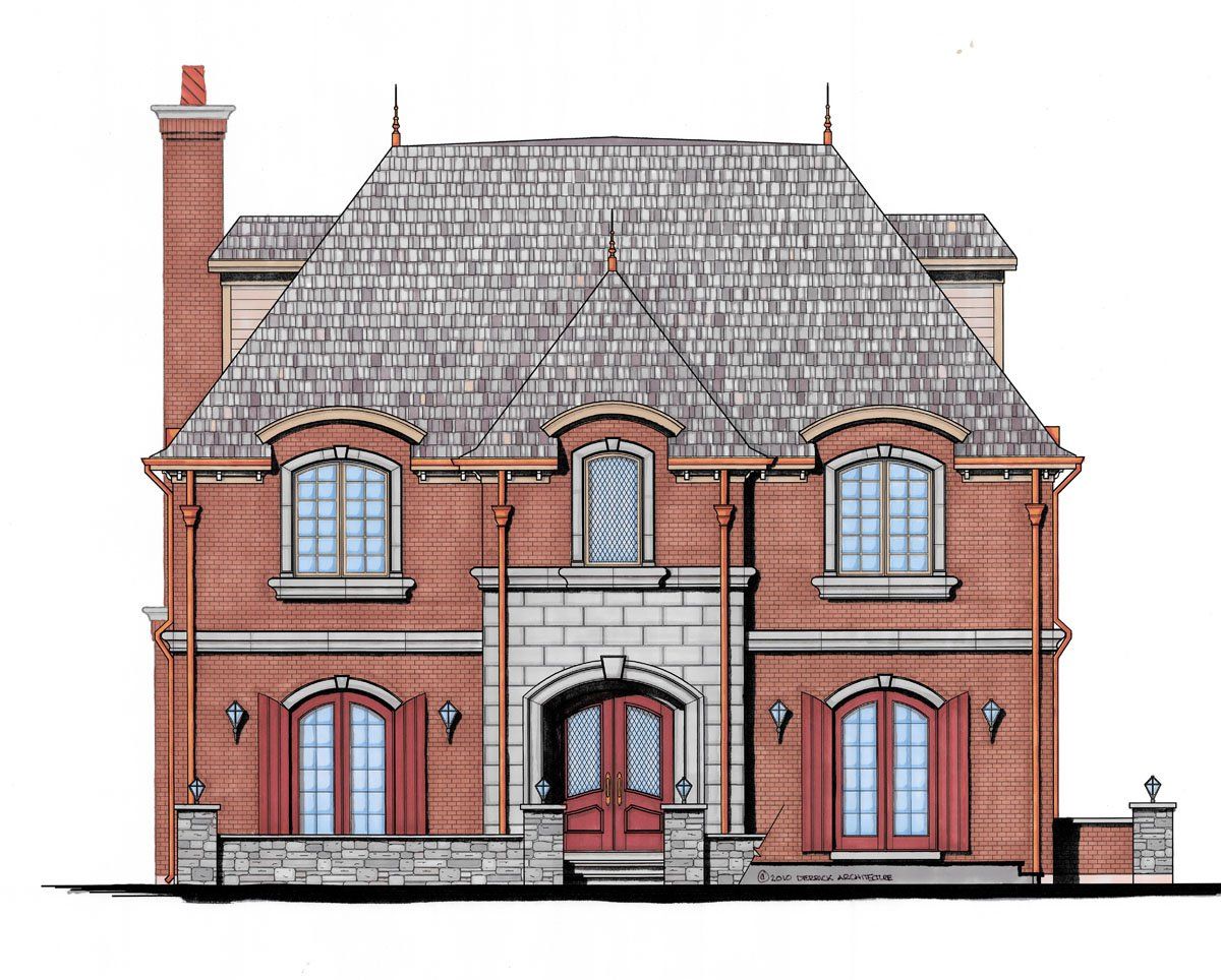 A drawing of a brick house with a gray roof