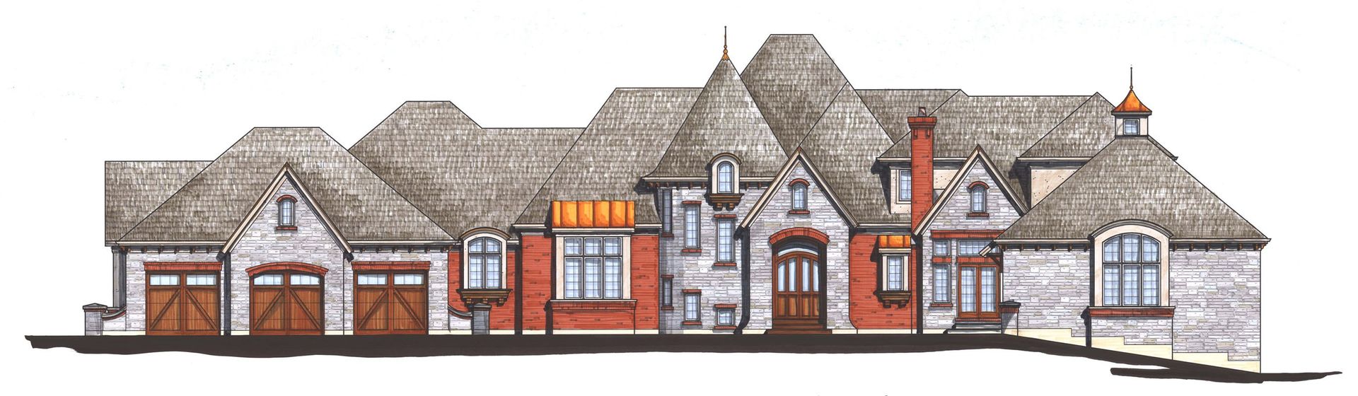 A drawing of a large house with a thatched roof