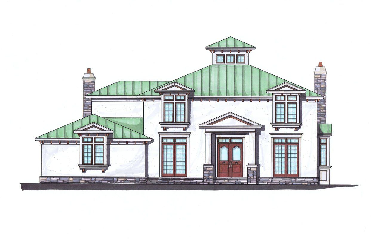 A drawing of a large white house with a green roof.