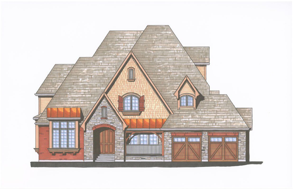 A drawing of a house with a roof and a garage.