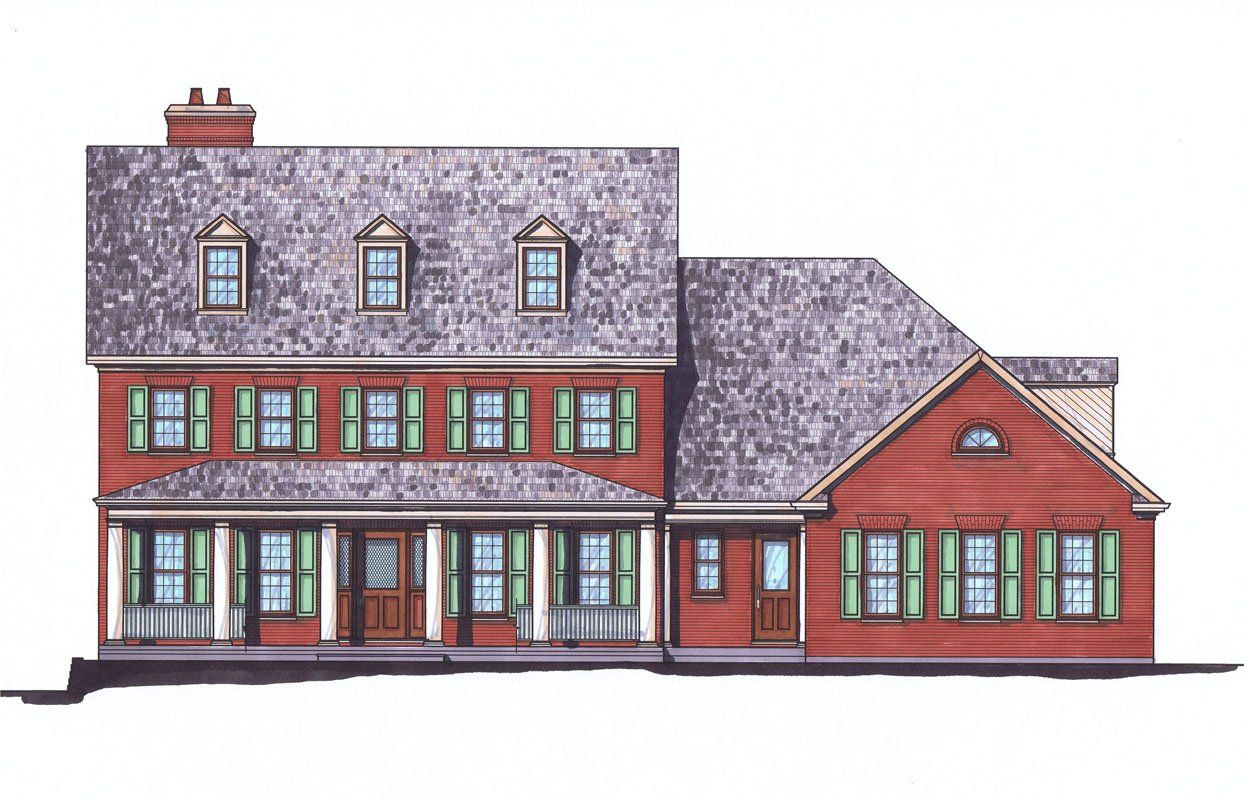 A drawing of a large red house with green shutters