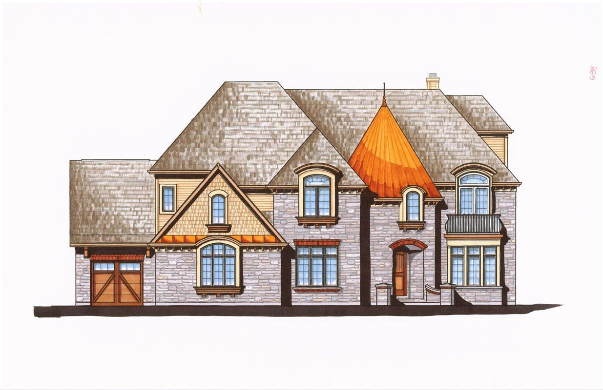A drawing of a large brick house with a red roof.