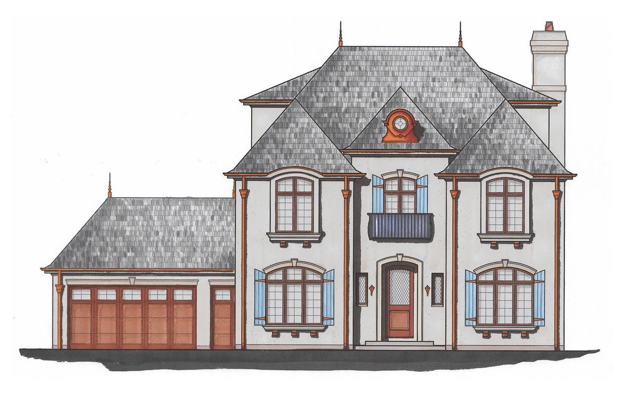 A drawing of a large house with a garage and a balcony.