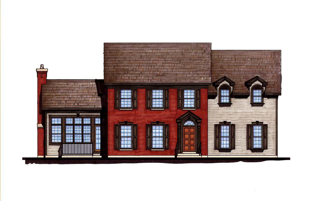 A drawing of a red and white house on a white background