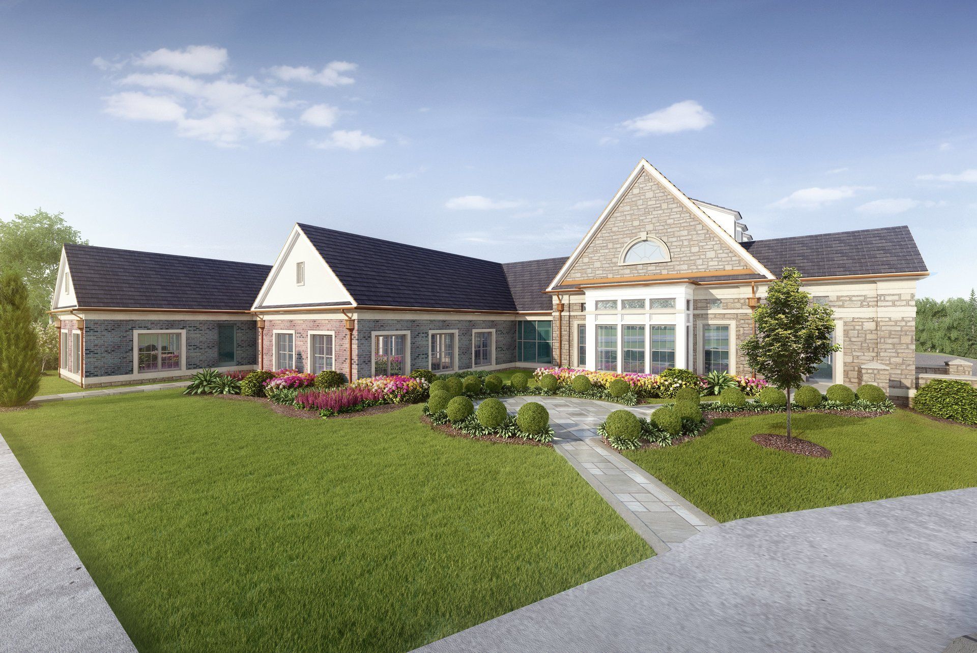 An artist 's impression of a large house with a large lawn in front of it.