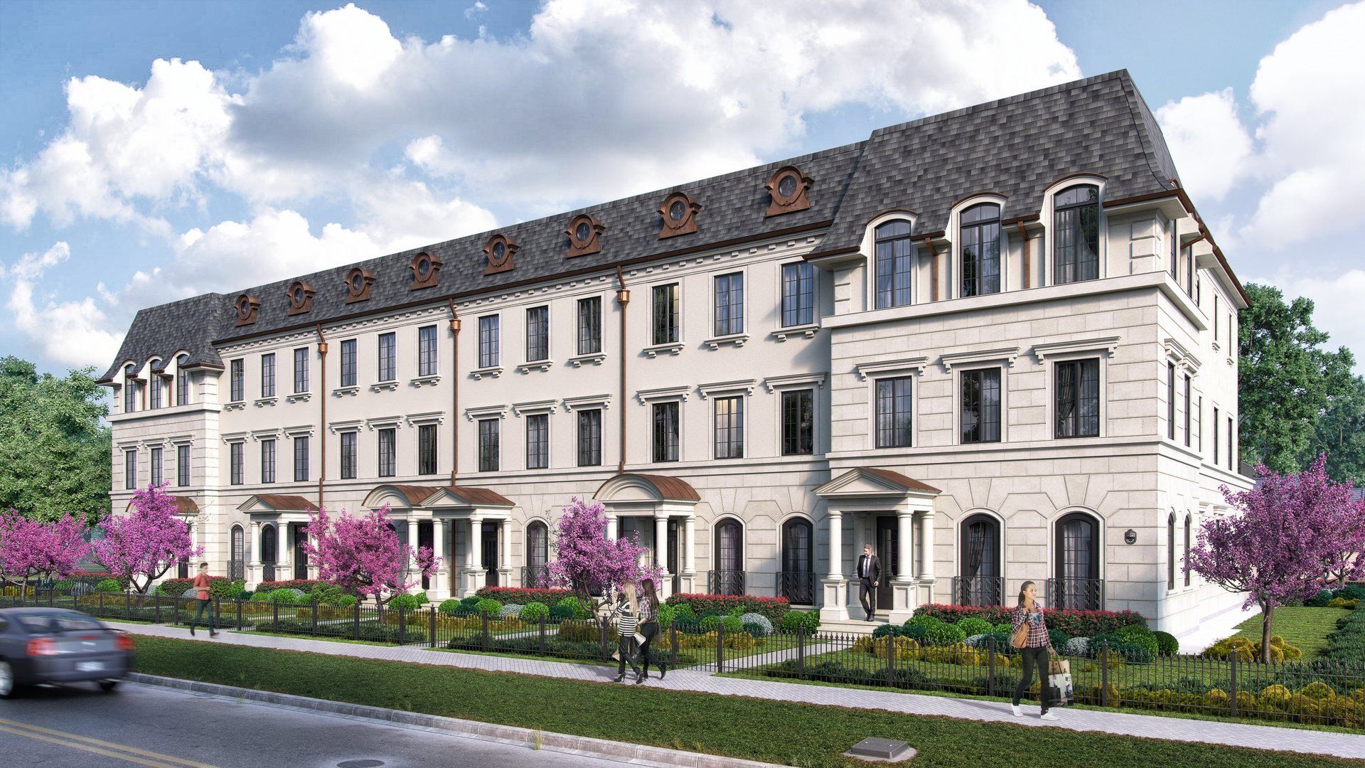 An artist 's impression of a large building with a car driving by.