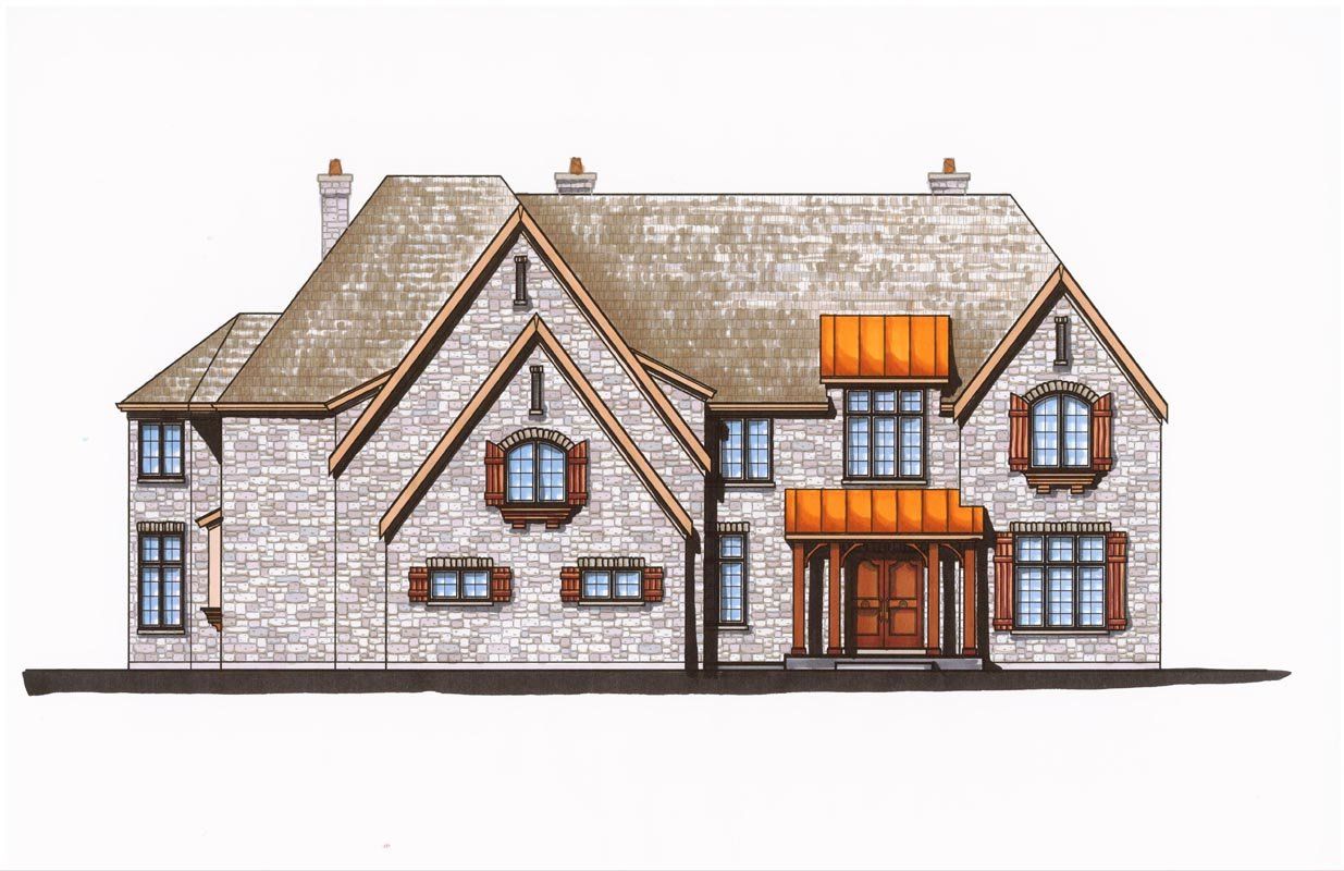 A drawing of a large house with a brown roof