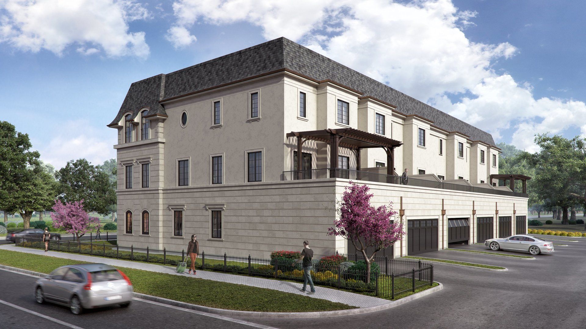 An artist 's impression of a large building with cars parked in front of it.