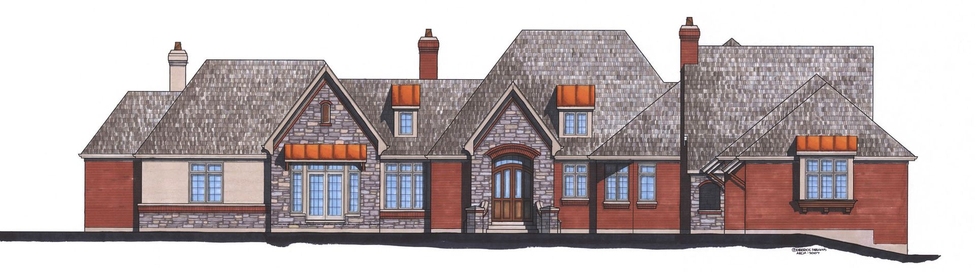 A drawing of a large brick house with a thatched roof.