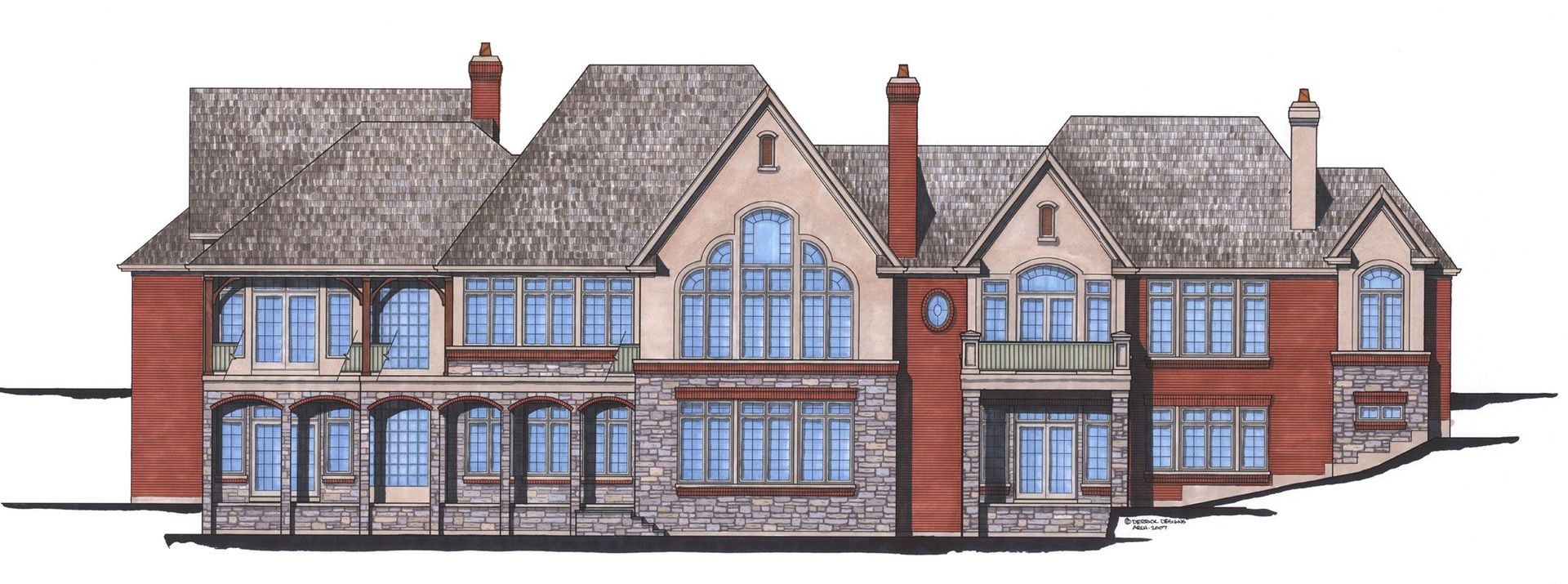 A drawing of a large house with a lot of windows