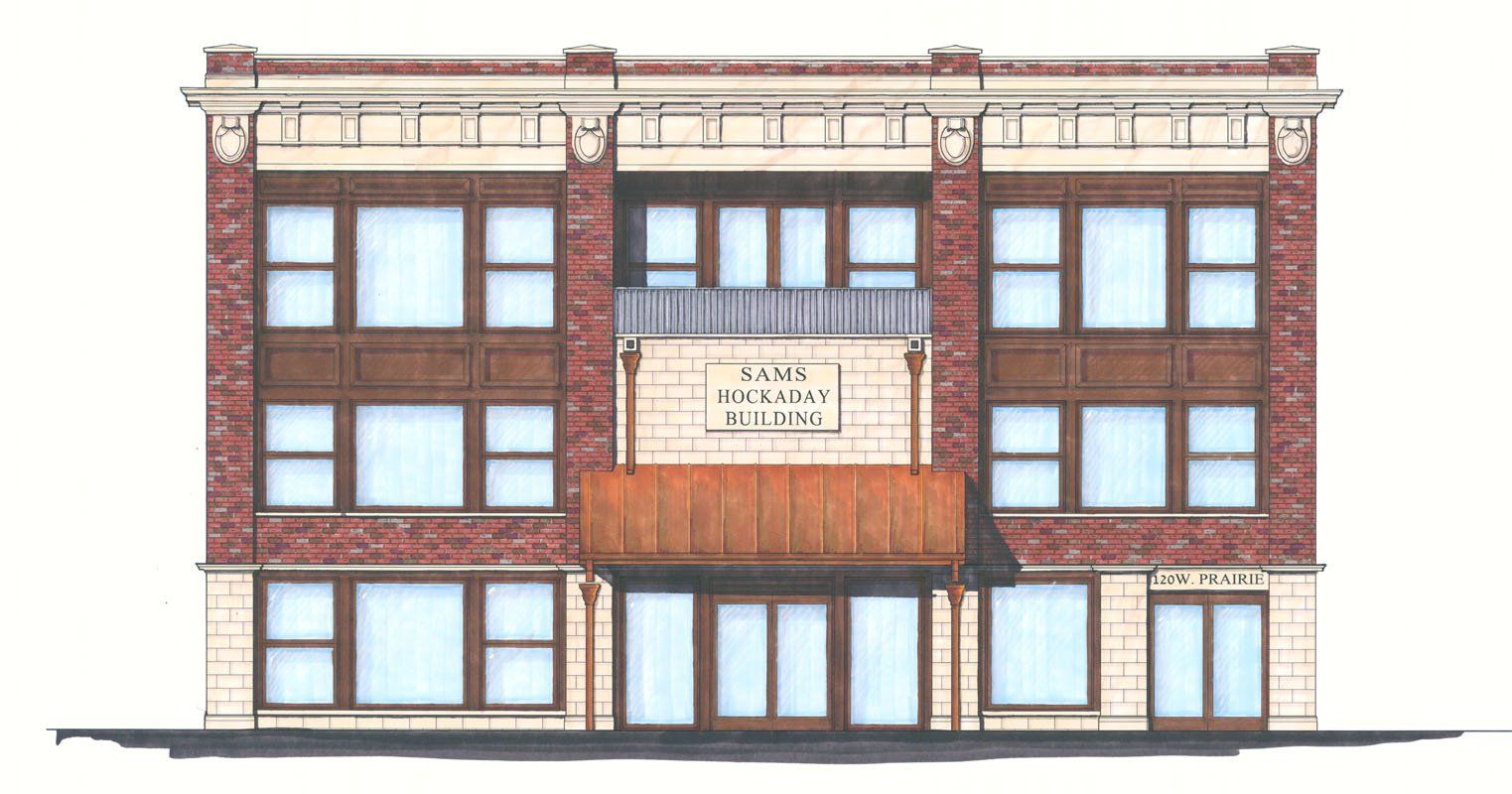An artist 's rendering of a brick building with a balcony