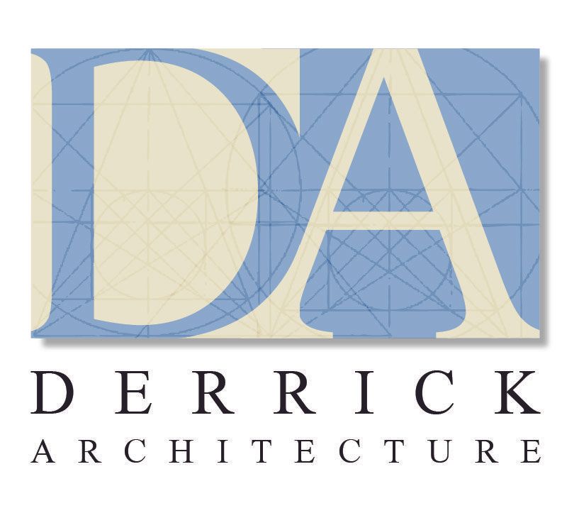 A blue and white logo for derrick architecture