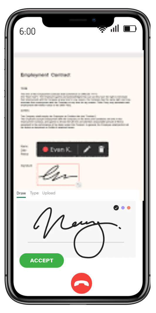 A cell phone is displaying a signature on a document.
