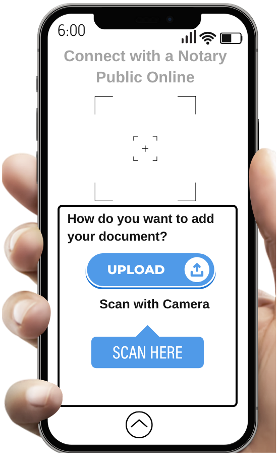 A person is holding a cell phone with a screen that says connect with a notary public online.