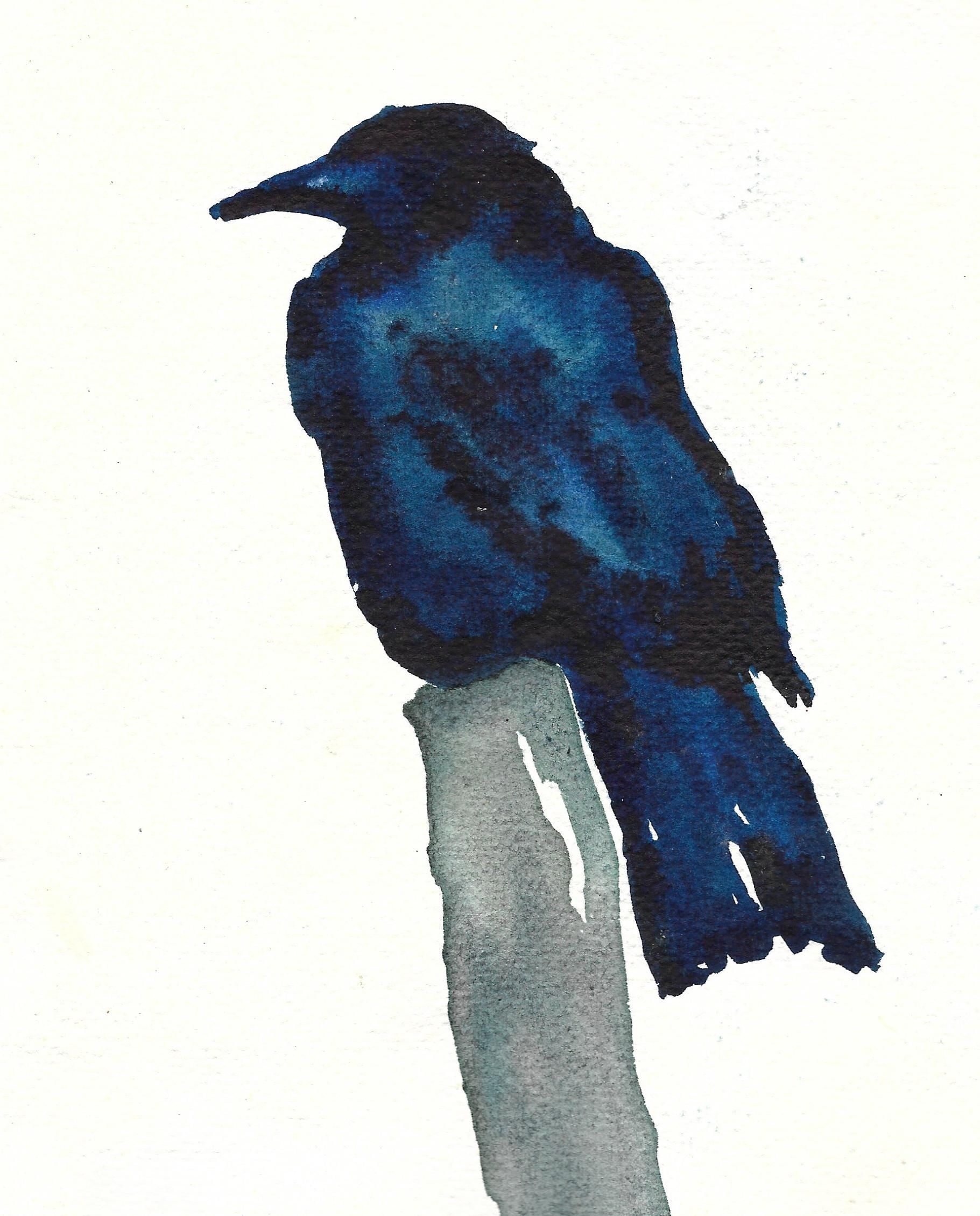Watercolor painting of a dark blue bird perched on a light gray pole.