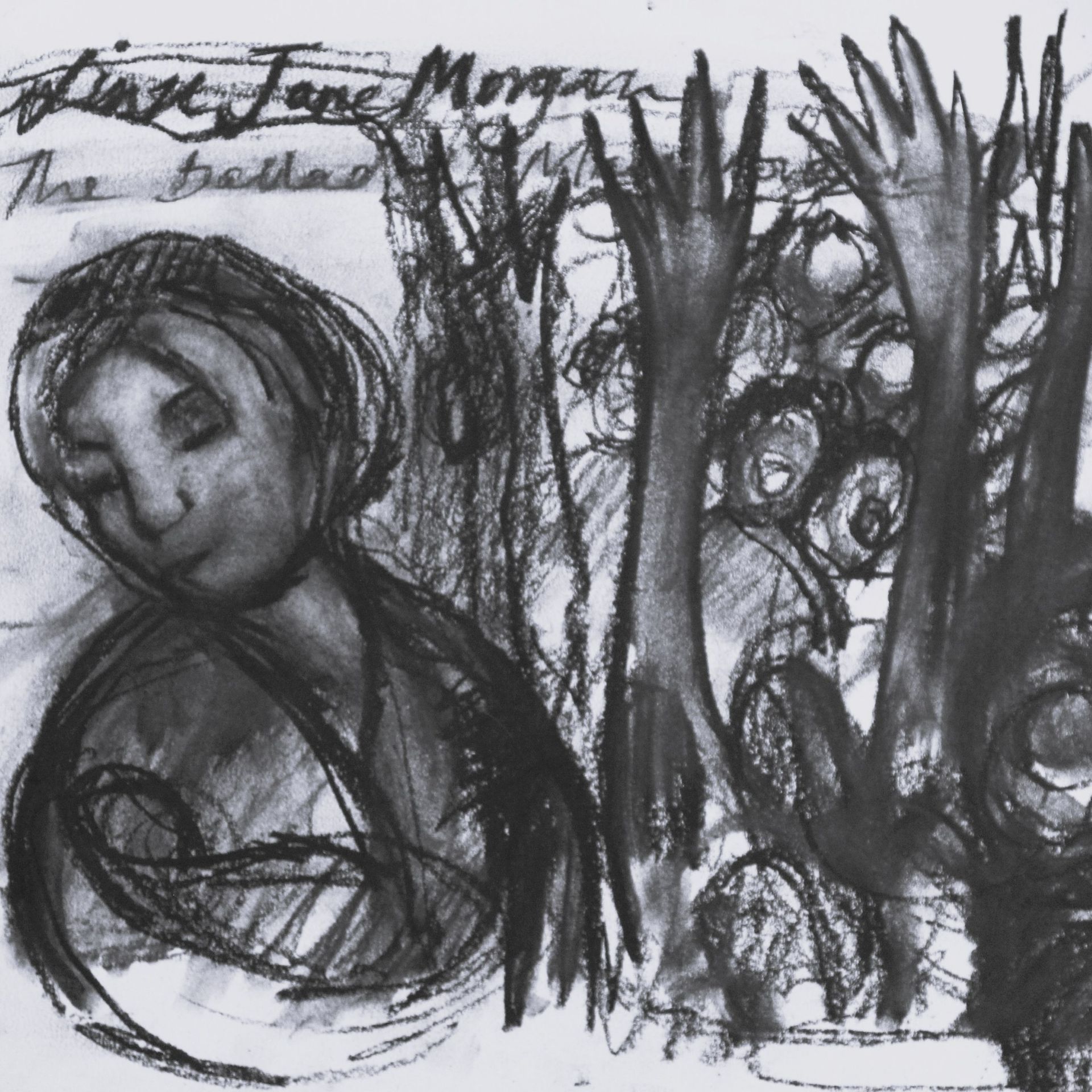 Charcoal drawing of a woman with closed eyes and a group of reaching hands. The album title is 