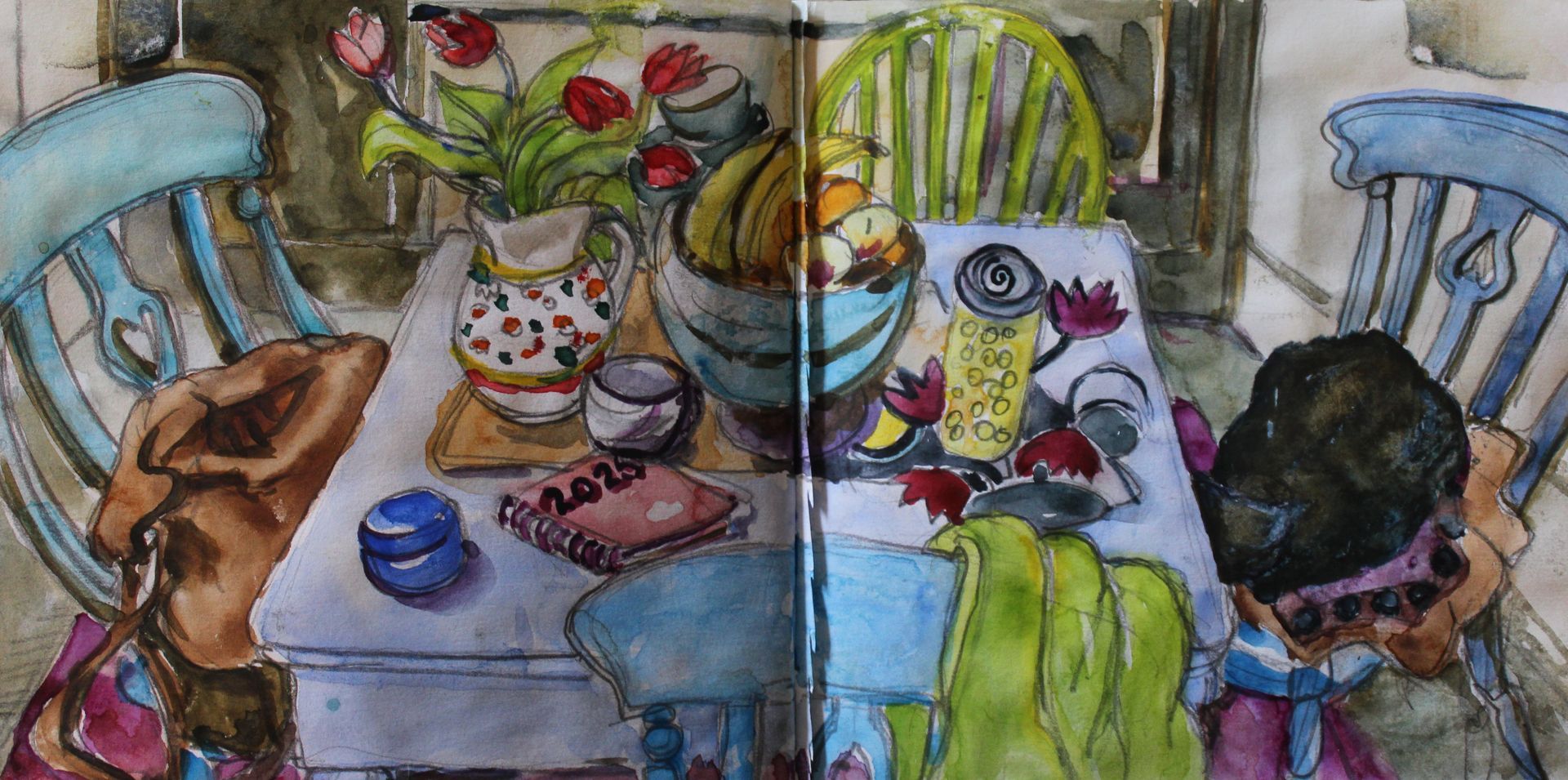 Watercolor sketch of a table set for two with floral arrangements, fruit, and seated figures.