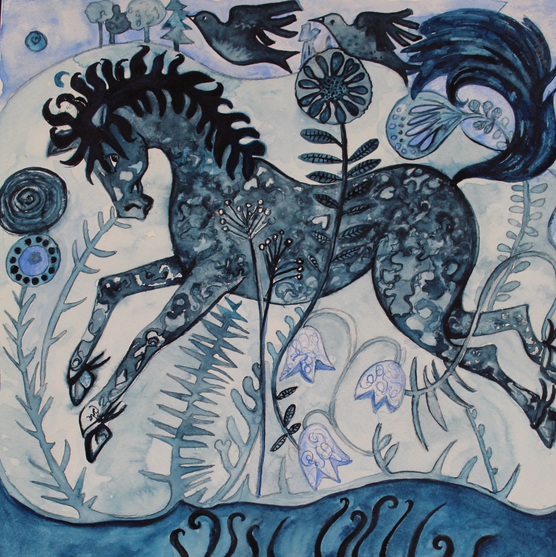 Blue horse galloping through a stylized garden with birds overhead.