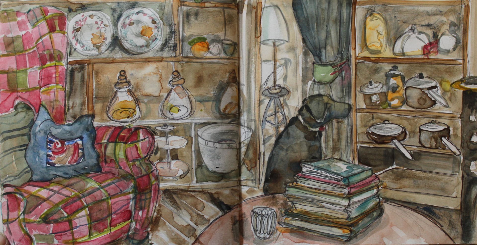 Cozy kitchen interior sketch: black dog sits by a stack of books, shelves with dishes, and a patterned couch.