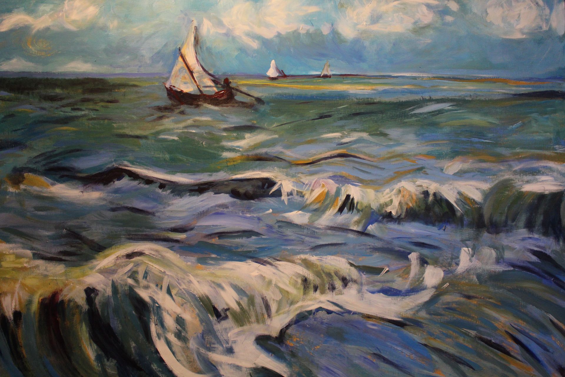 Ocean painting with boats sailing across waves.