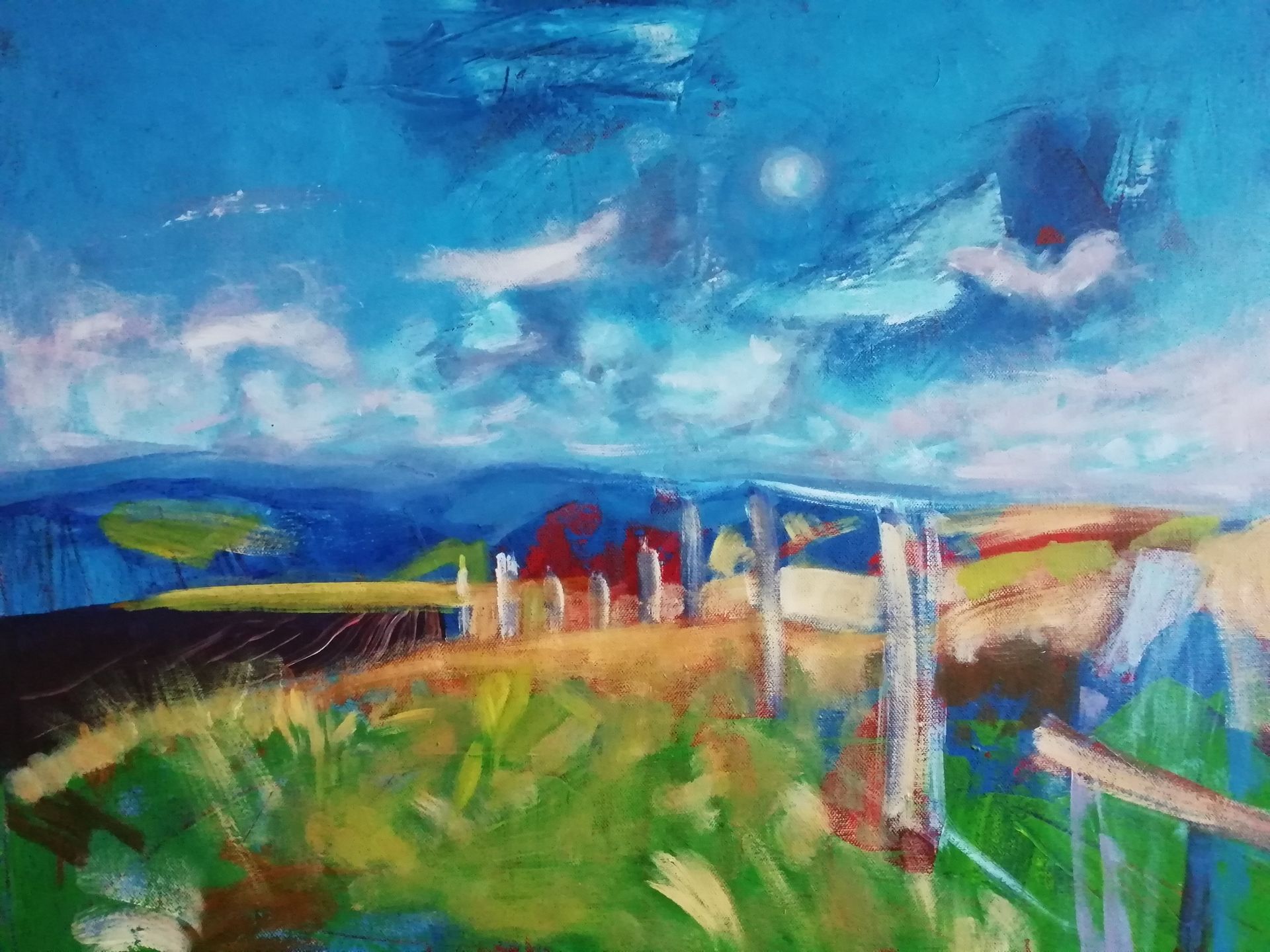 Vibrant landscape painting of a field with a fence, red building, and blue sky.