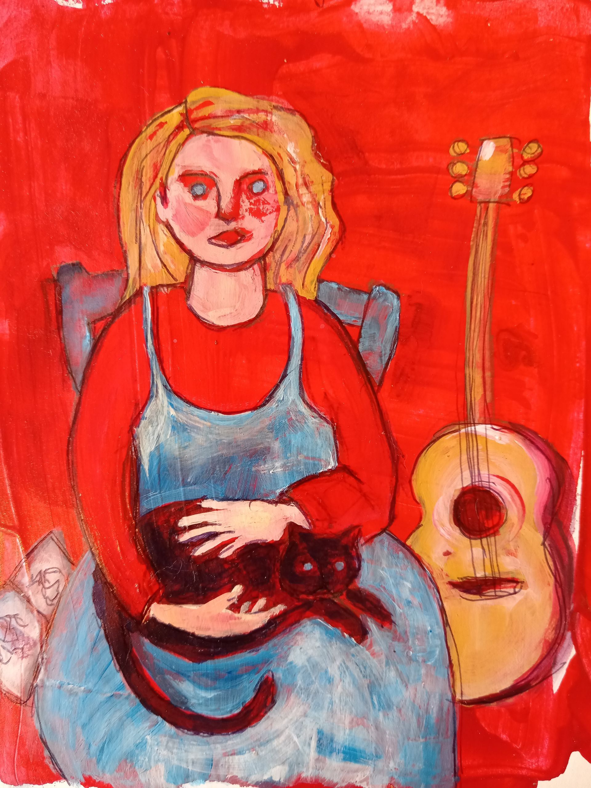 Blonde woman in blue dress holds black cat, red background, guitar beside her.