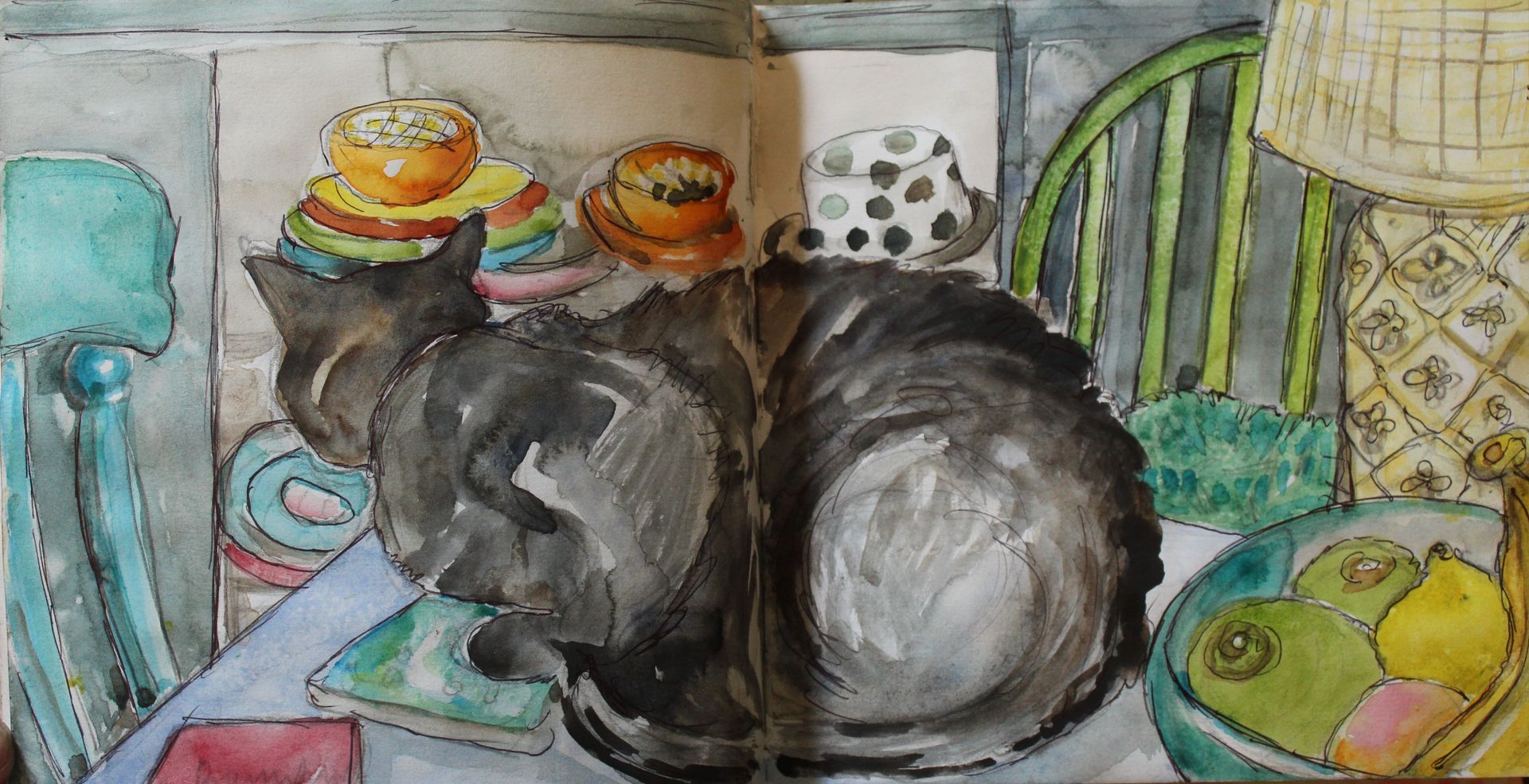A cat curled on a table, watercolor painting. Behind it: stacked cups, a chair, and a lamp.