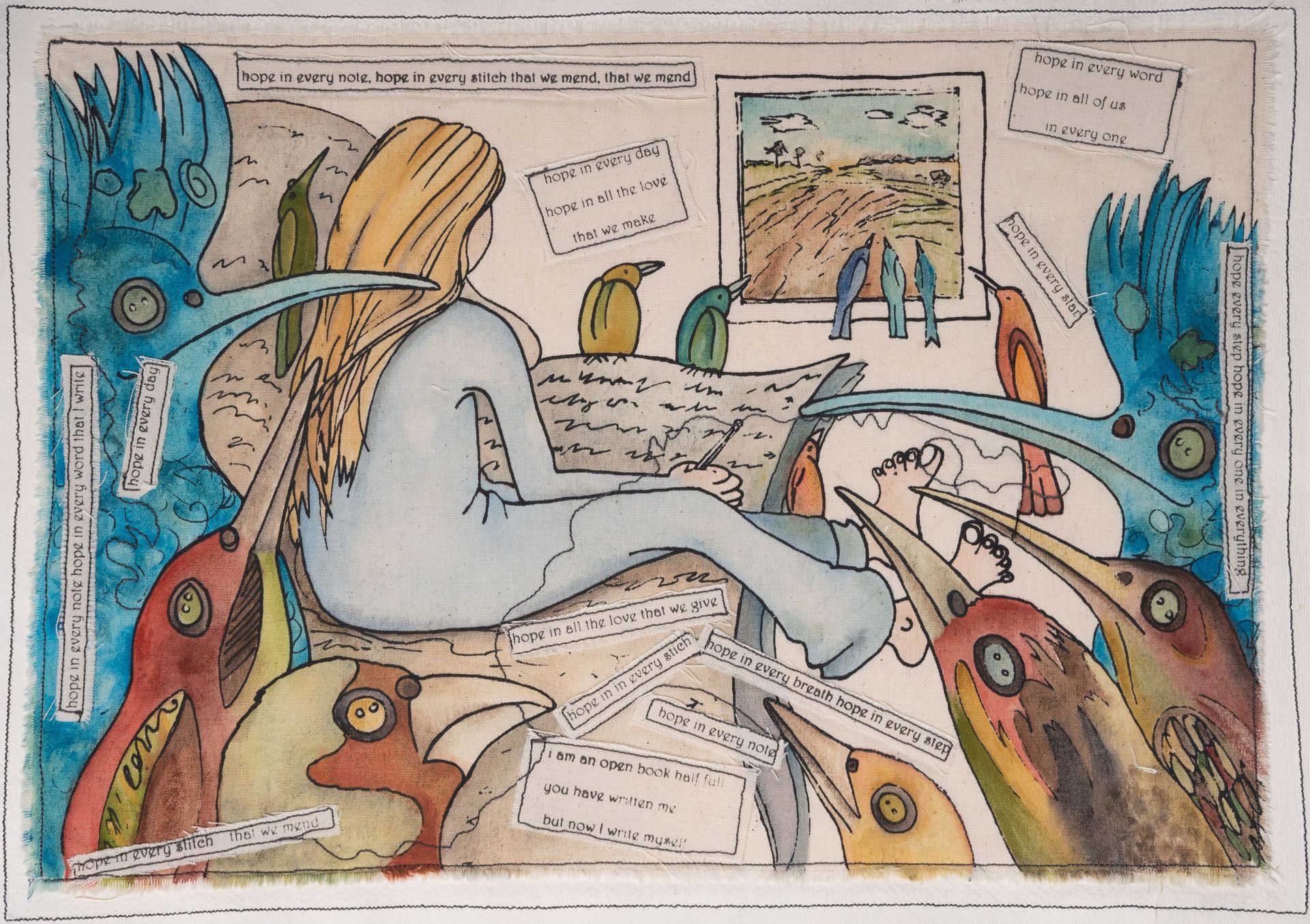 Woman writes, surrounded by colorful birds, papers. Outdoors seen through a window.