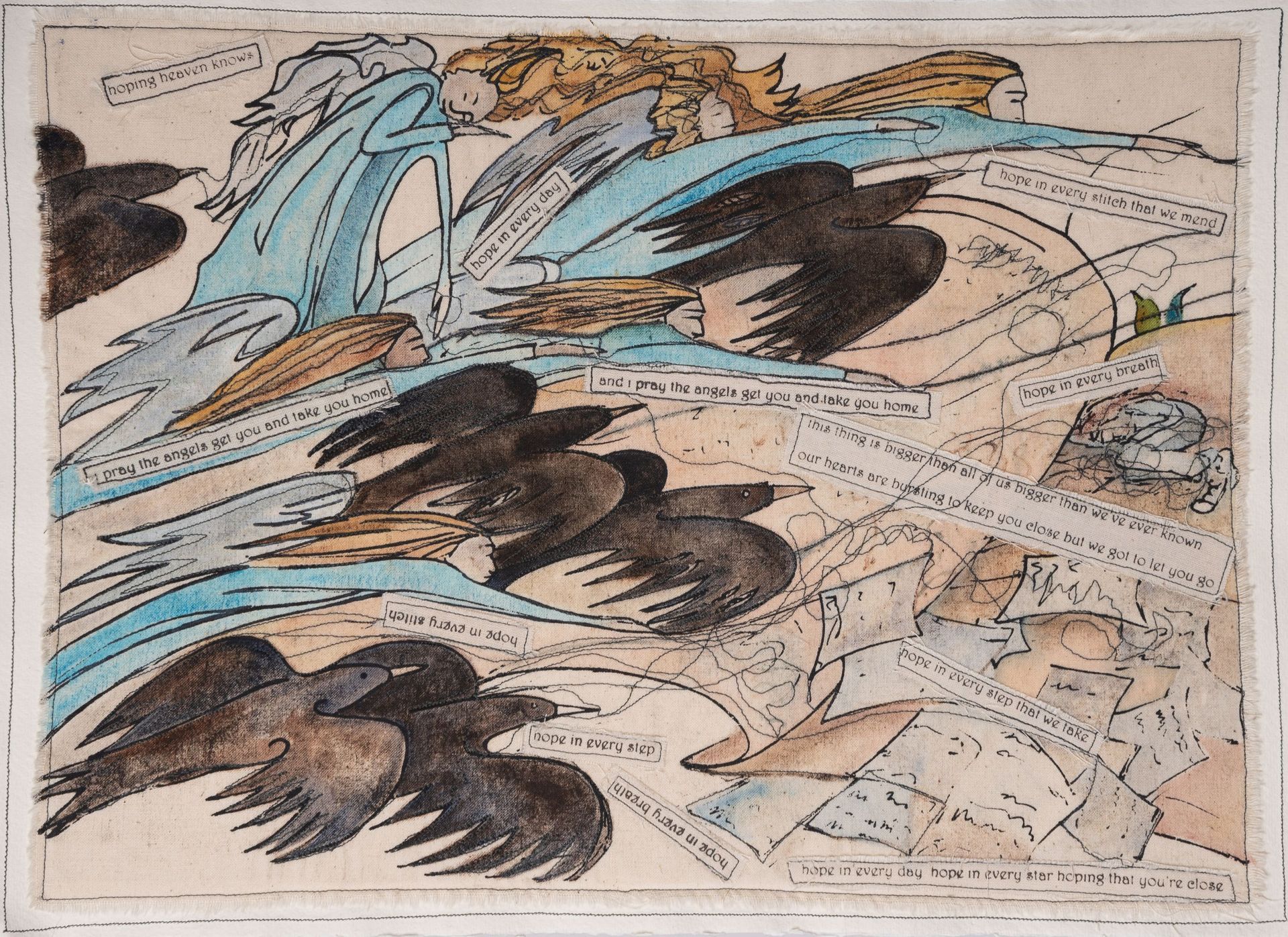 Black birds soar over scattered papers and figures with blue and gold accents.