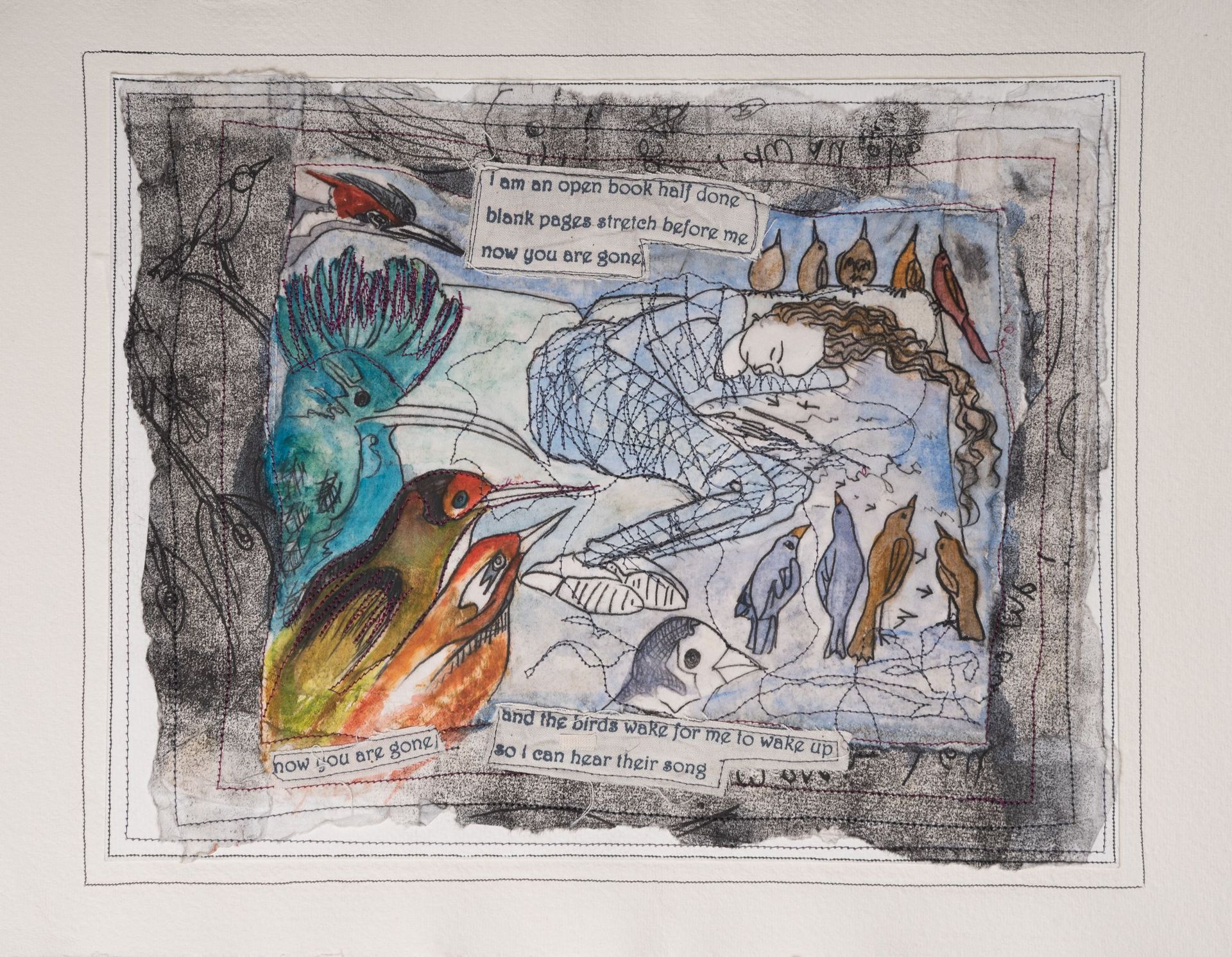 Watercolor print of woman with birds and text, in muted colors.