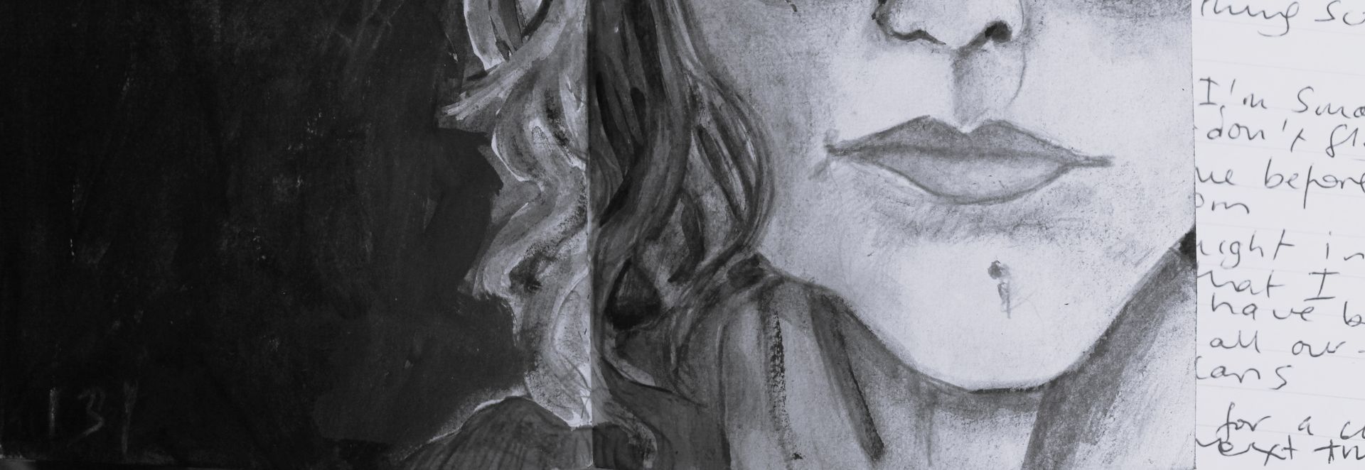 Pencil drawing of a person's face and hair with handwritten text on the side.