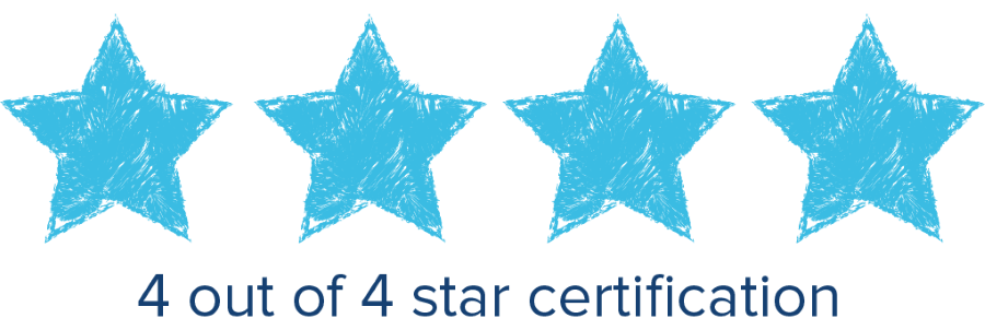 Four blue stars with the words `` 4 out of 4 star certification '' below them.