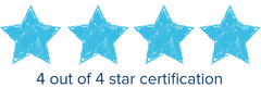 Four blue stars with the words `` 4 out of 4 star certification '' below them.