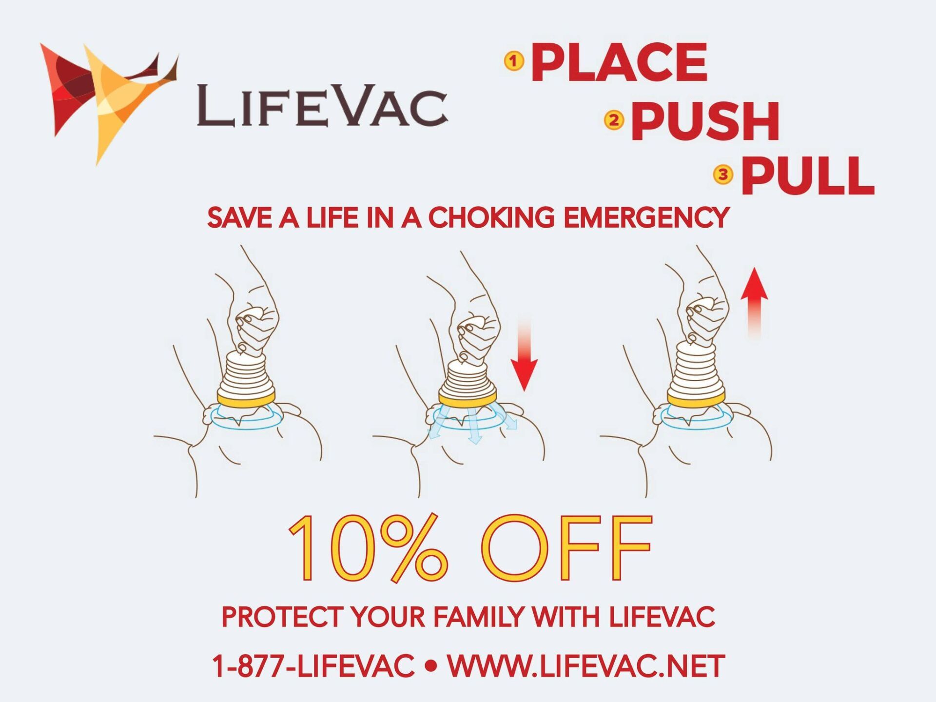 An advertisement for lifevac shows how to save a life in a choking emergency
