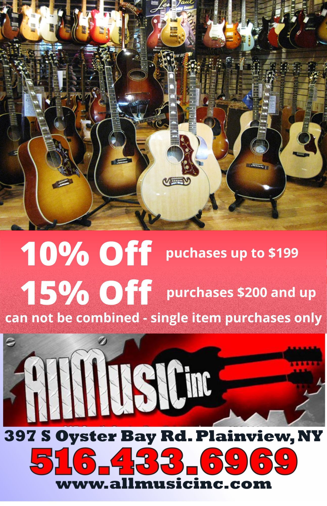 An advertisement for all music inc. in plainview ny