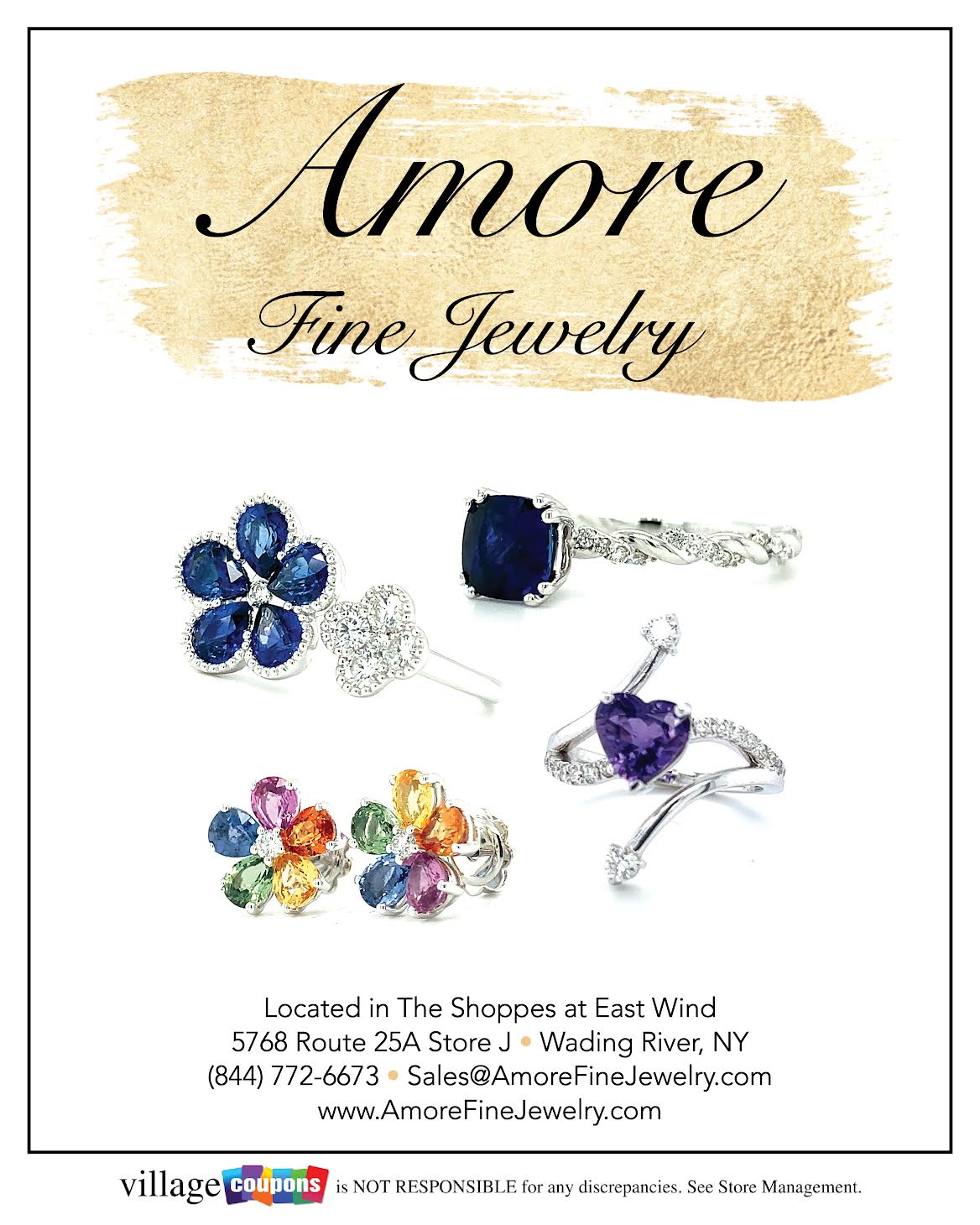 An advertisement for amore fine jewelry shows a variety of rings and earrings
