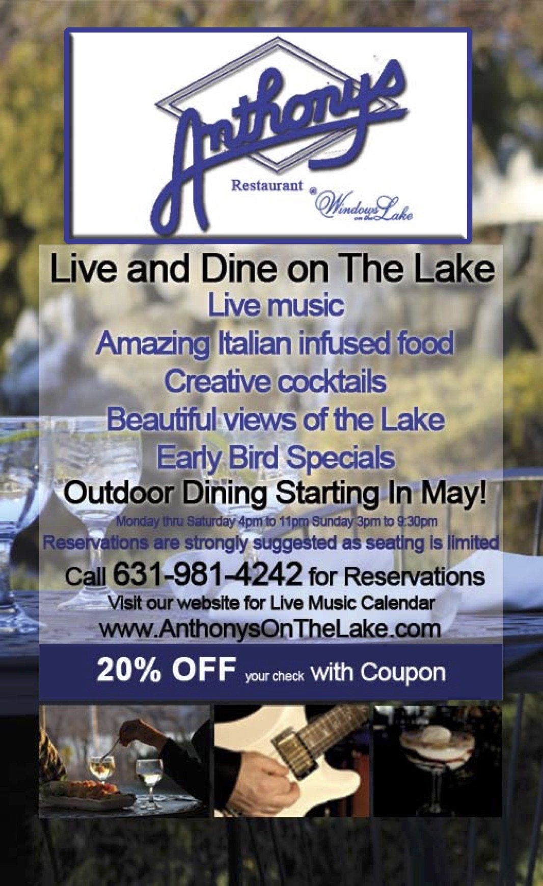 An advertisement for anthony 's live and dine on the lake