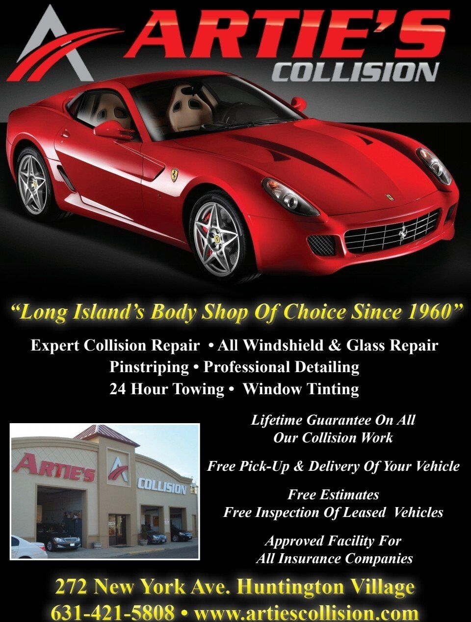 An advertisement for artie 's collision shows a red sports car