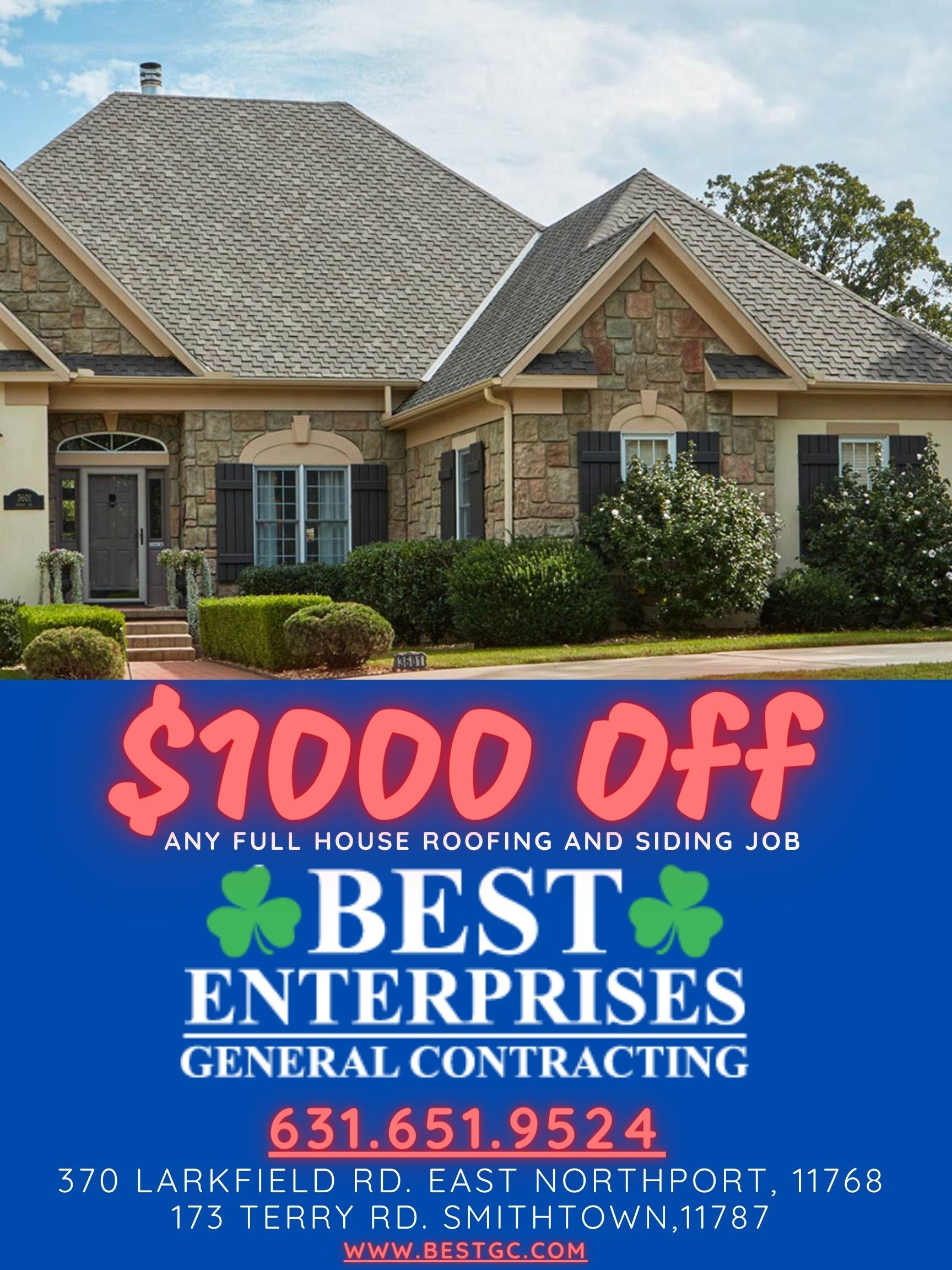 An advertisement for best enterprises general contracting with a picture of a house