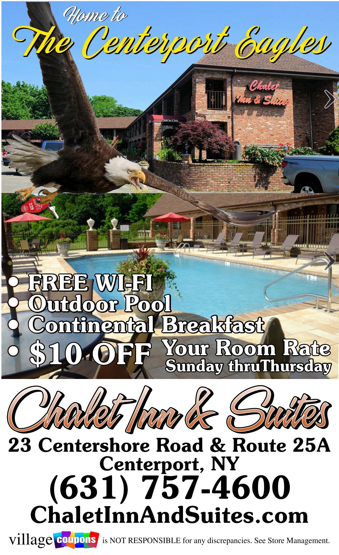 An advertisement for the centerport eagles hotel in centerport new york