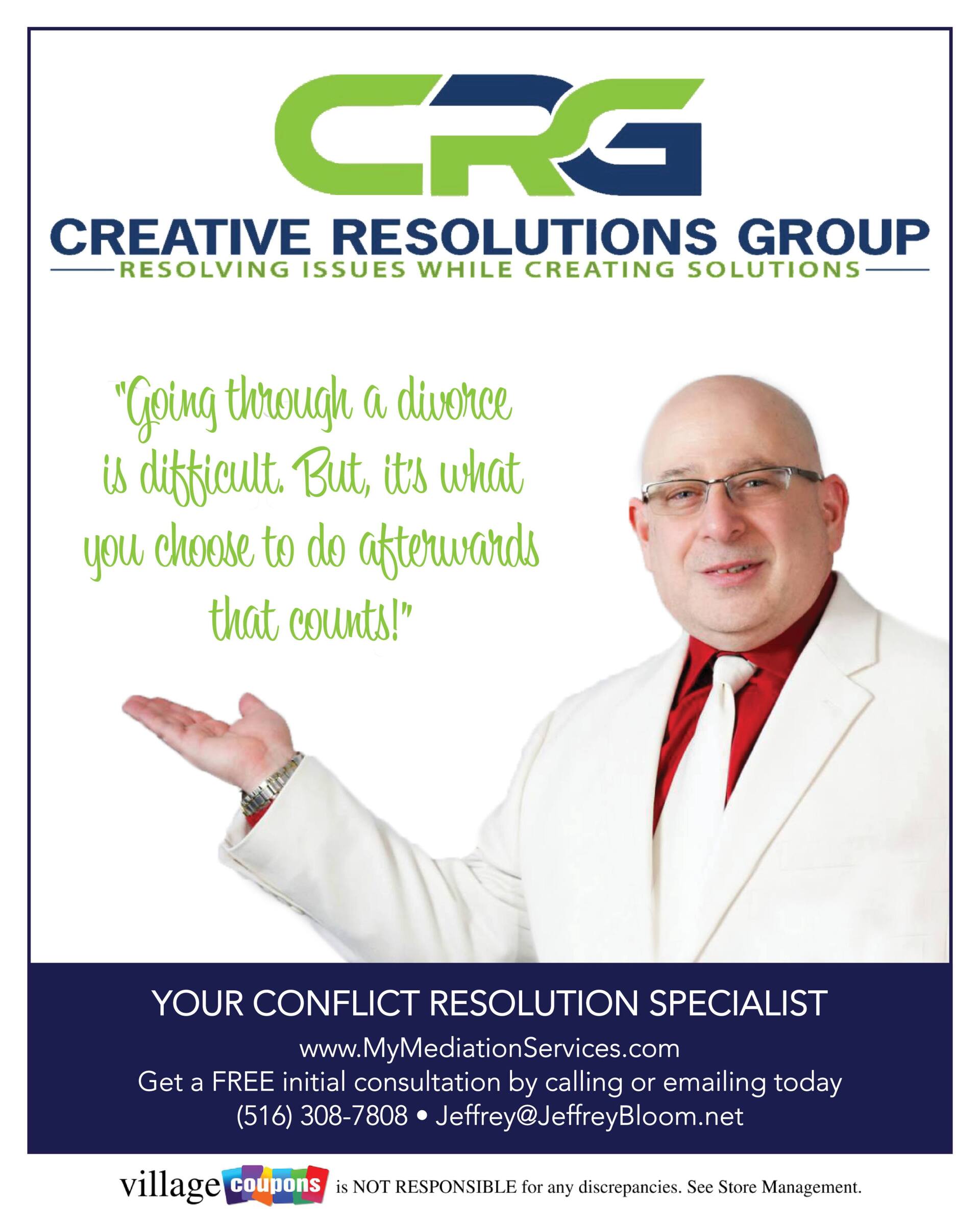 An advertisement for creative resolutions group shows a bald man in a white suit