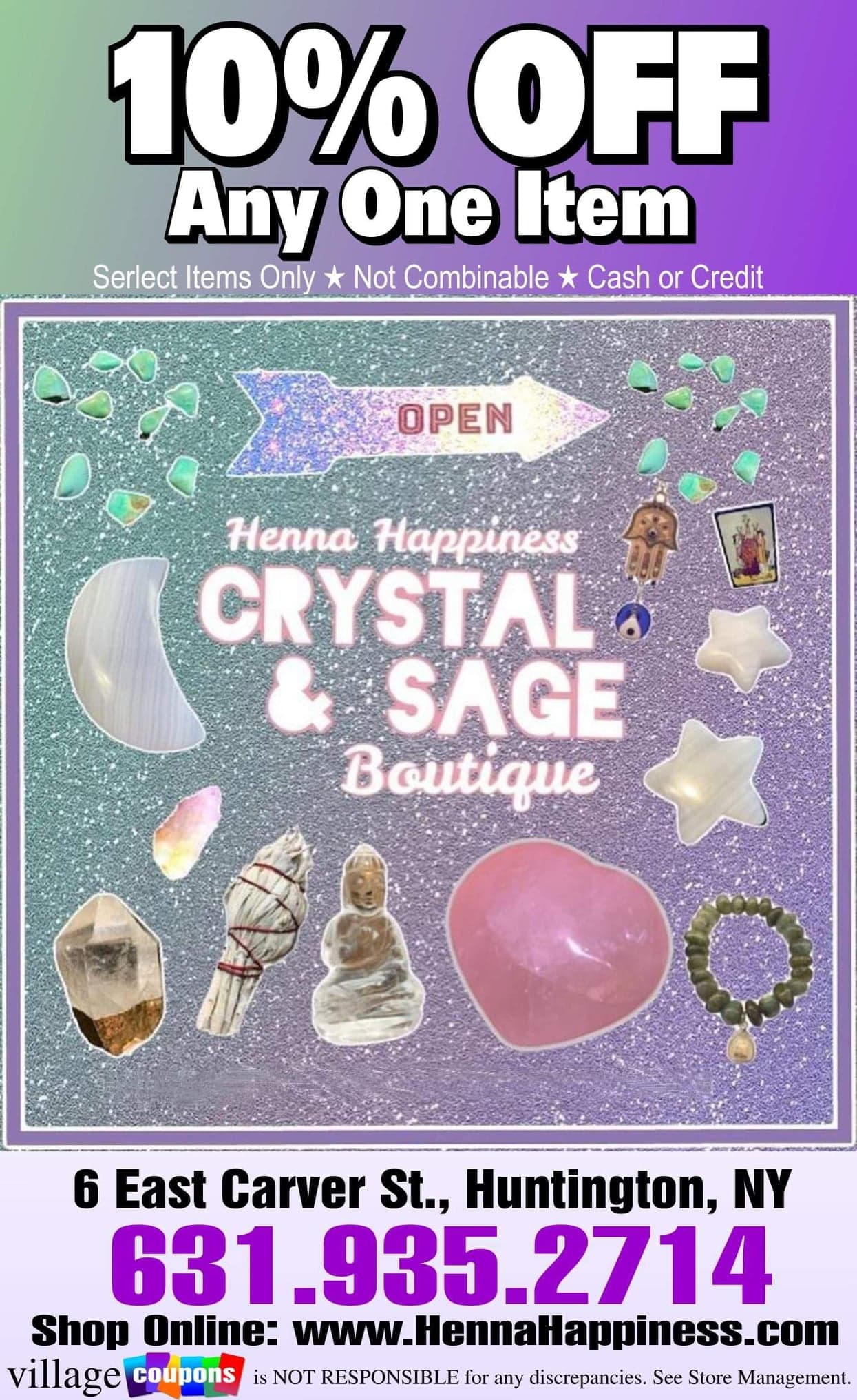 An advertisement for henna happiness crystal & sage boutique