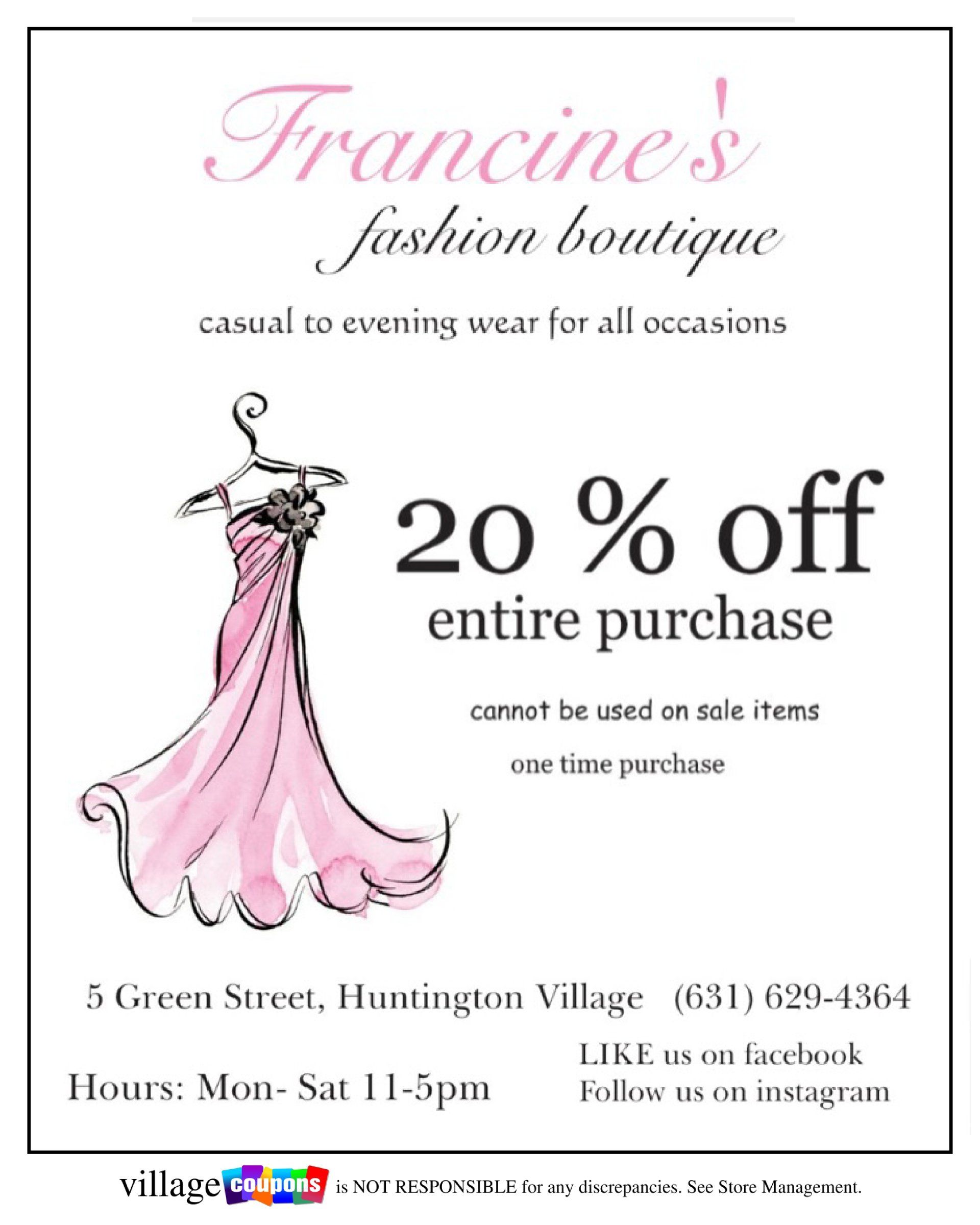 An advertisement for francine 's fashion boutique shows a pink dress on a hanger