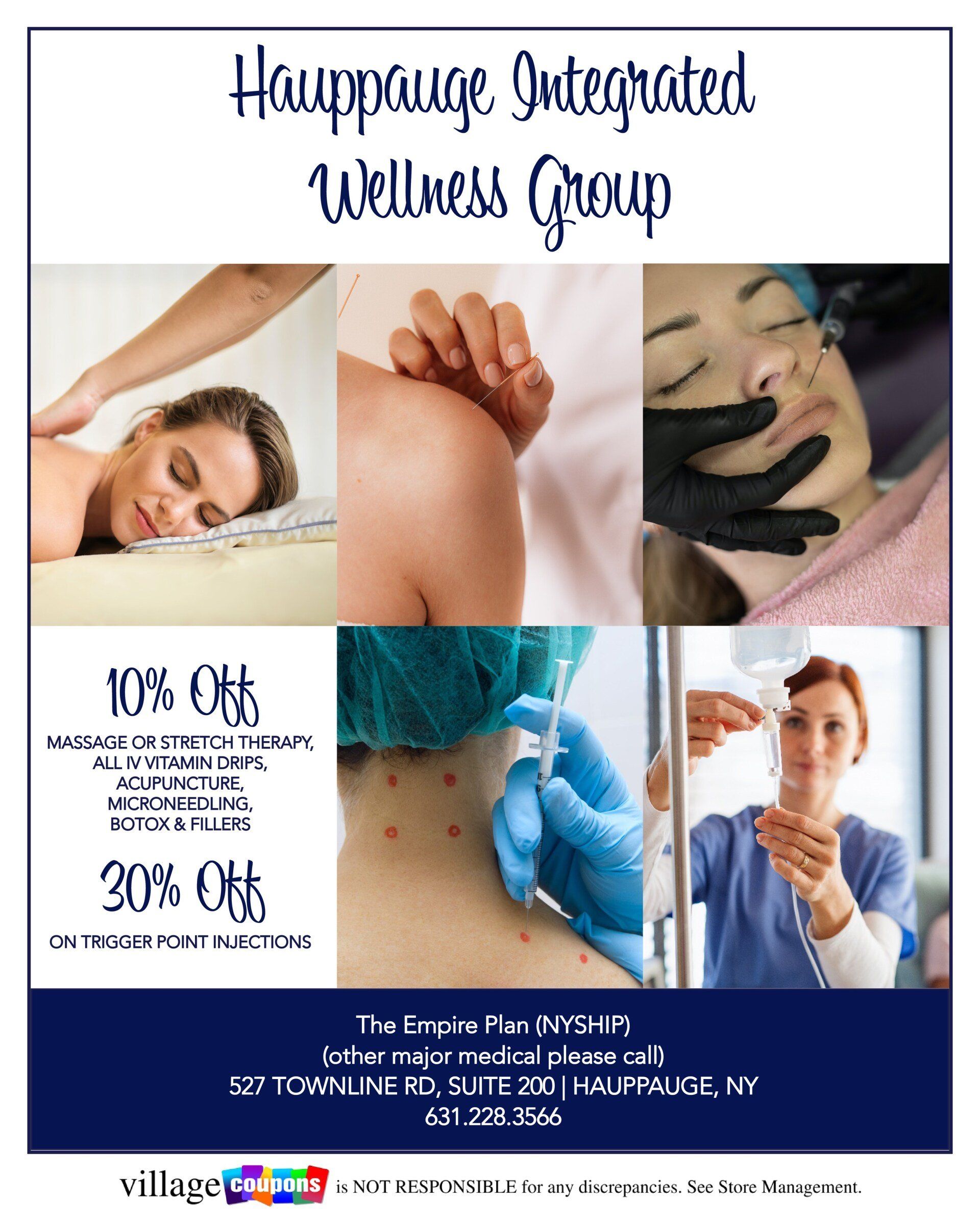 An advertisement for a wellness group shows a woman getting acupuncture